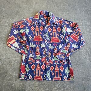 Vintage Anne Klein Shirt Womens L Blue Hindu AOP Button Up Faded Long Sleeve